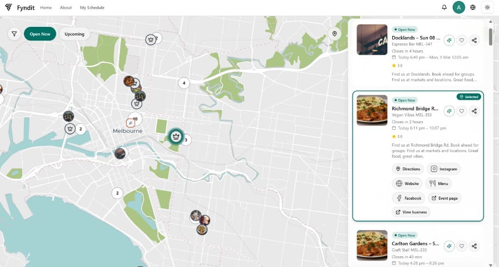 Fyndit map on desktop — Melbourne with vendor markers and business list